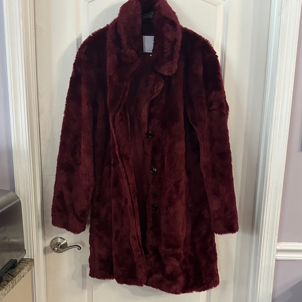 NEW Anthropologie Burgundy Faux Fur Coat - Size M